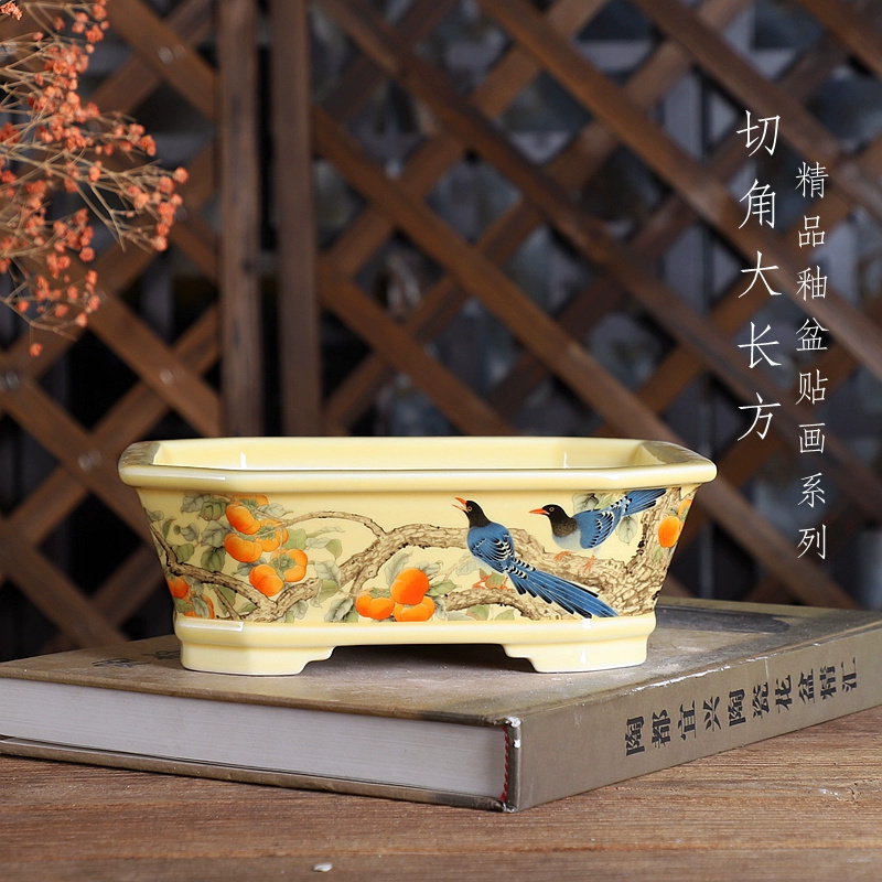 Desk Setup Green - Porcelain Rectangle Bonsai Pot, Traditional Chinese