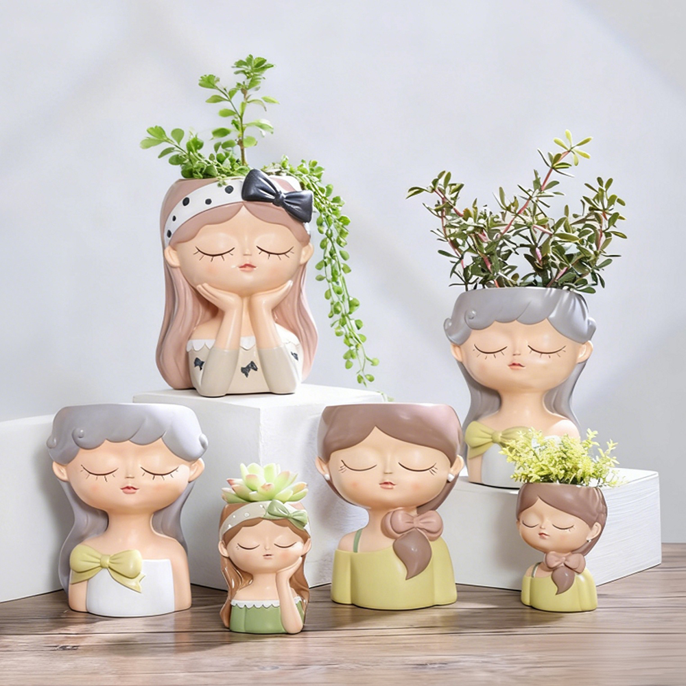 Desk Setup Green - Cute Girl Small Plant Pot Resin